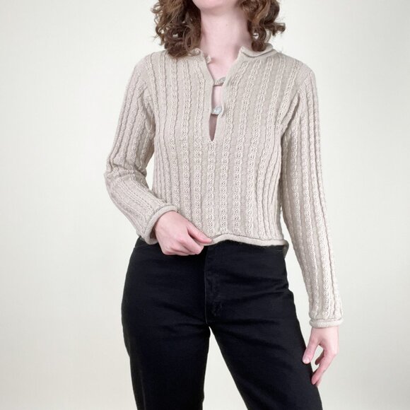 Vintage 100% Alpaca Wool Cable Knit Cropped Sweater Crop Quiet Luxury Rustic Y2K - Picture 8 of 8